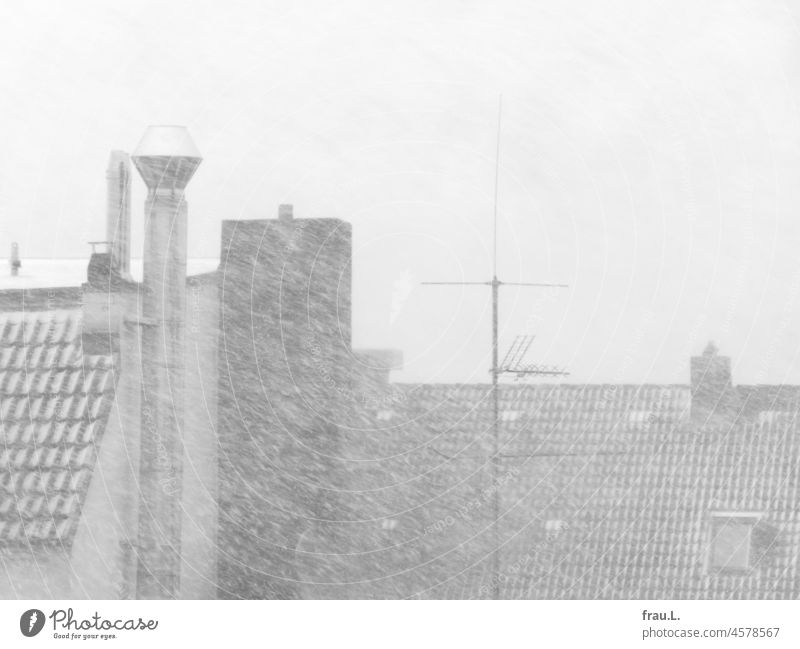 Trübe Aussicht Winter Schneefall Dächer grau Schornstein Antenne Haus Stadt Himmel Fassade windig ungemütlich kalt