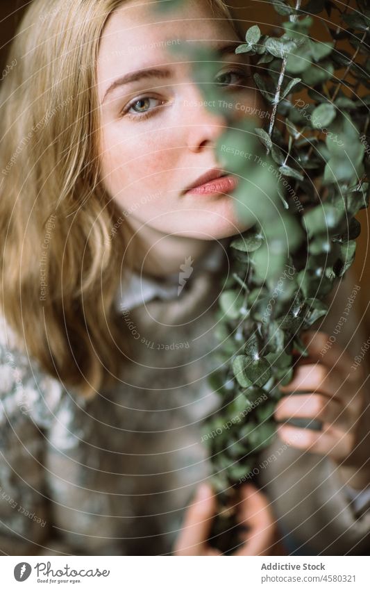 Junge Frau mit grünen Eukalyptuszweigen im Gesicht gestrickt Pullover Zweig frisch Pflanze Porträt Ast blond sanft Windstille filigran Harmonie organisch