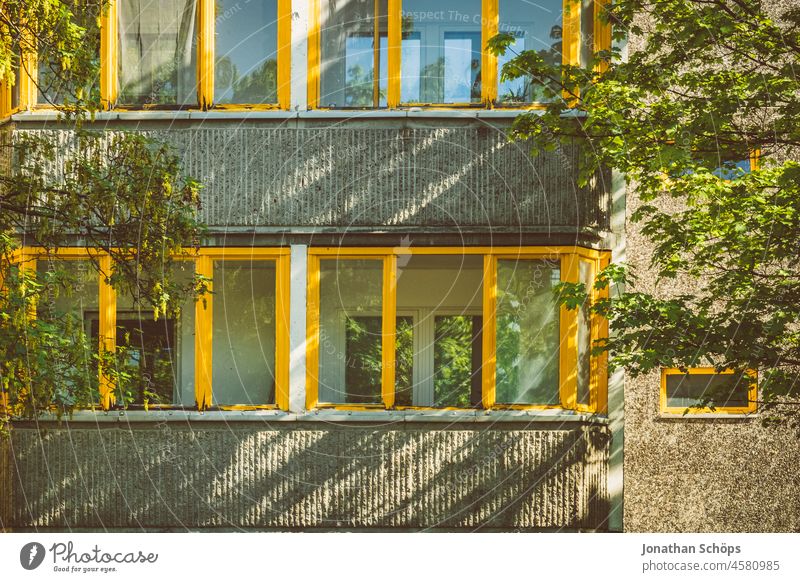 Fassade mit verglasten Balkons Wintergarten Wohnblock Bäume Baum grün Sommer wohnen wohnumfeld Miete Wohnhaus Mehrfamilienhaus begrünen wohnhaus