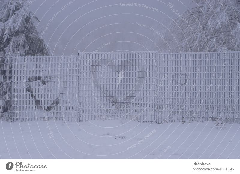 Liebeserklärung an einem verschneiten Zaun.. Winter Schnee kalt Raureif Frost gefroren Natur Außenaufnahme Dezember Nebel Wetter Herz Textfreiraum unten