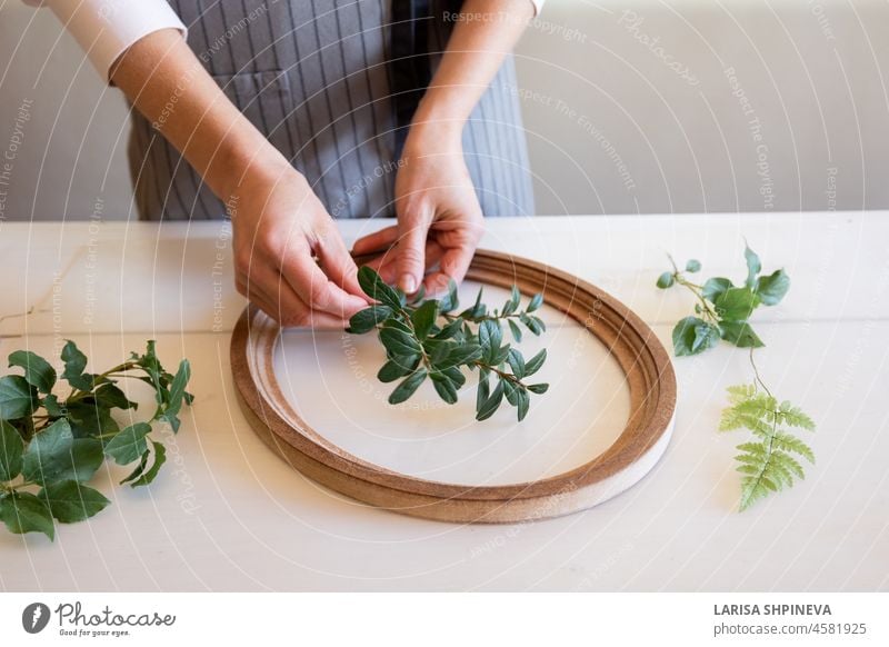 Frau legt Pflanzenzweige in einen Rahmen, um ein botanisches Flachrelief herzustellen. Weibliche Hände für die Arbeit mit Ton, Plastilin auf der Arbeitsfläche, Ansicht von oben