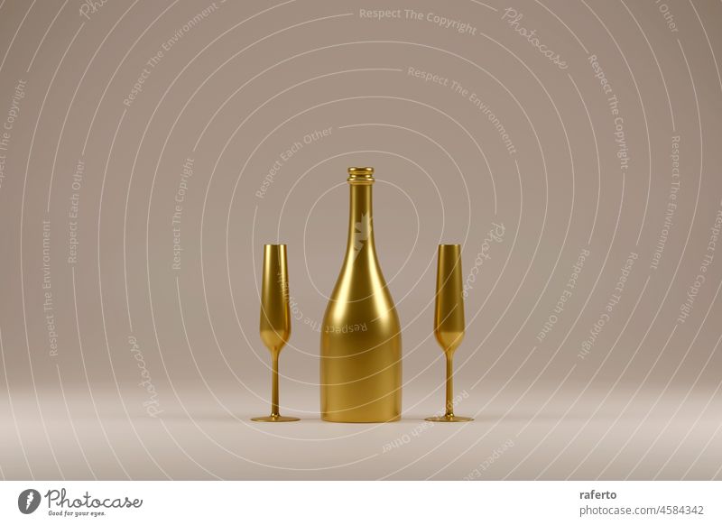 Goldene Champagnerflasche neben goldenen Gläsern. 3d render Christbaumkugeln Geburtstag Zusammensetzung Tropfen Veranstaltung festlich Reichtum Party
