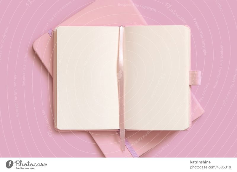 Geöffnete rosa Notebook auf auf andere auf hellrosa Tabelle oben Ansicht. Lehrbuch Mockup Haufen Schule Attrappe aufgeklappt Buch Stapel Ansicht von oben.