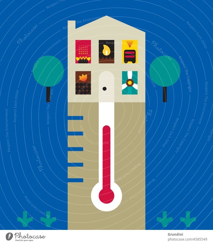 Wärme Öko globale Erwärmung Klimawandel Energie Gestaltung von Informationen Dataviz Illustration Ökologie Infografik Haus Thermometer