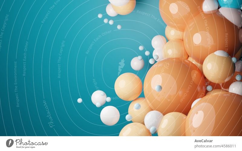 Floating suspendiert orange weiße Kugeln in blauem Hintergrund.3D-Render glänzende Kugeln.Pastellfarben pantone. Abstrakter Hintergrund. Wissenschaft Physik Nano-Rendering Kugeln moderne Kunst pop.Copy Raum Raum