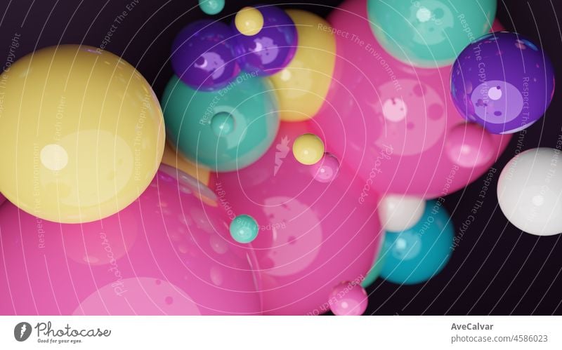 Floating suspendiert alle Farben Kugeln in dunklen Hintergrund.3D-Render glänzende Kugeln.Pastellfarben Pantone. Abstrakter Hintergrund. Wissenschaft Physik Nano-Rendering Kugeln moderne Kunst pop.Copy Raum Raum