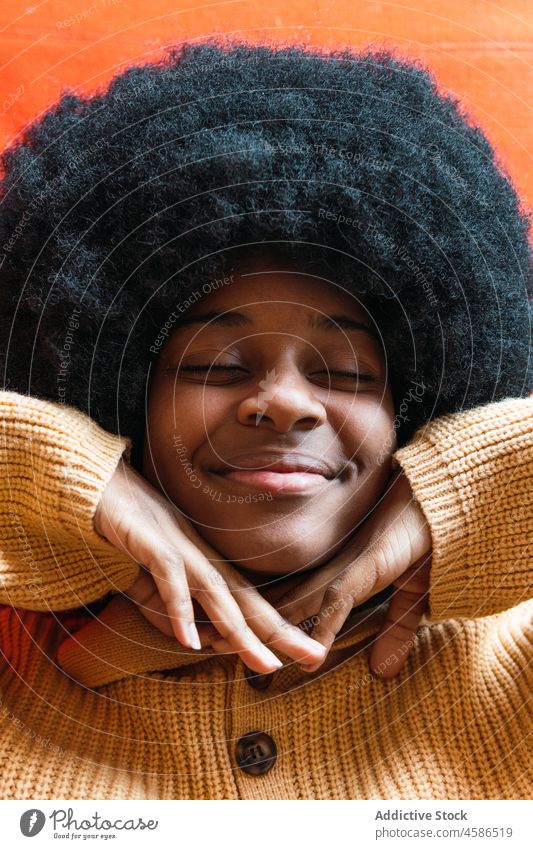 Schwarze Frau, die ihre Hände auf ihr Gesicht stützt und in die Kamera schaut Lächeln Porträt heiter Afro-Look Vorschein lustig schwarz Afroamerikaner
