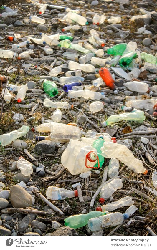 Plastikflaschen an einem Flussufer. Gegend Hintergrund Bank Strand Flaschen Business Gebühr Konzept konzeptionell Menschenleer Zerstörung Desaster ökologisch