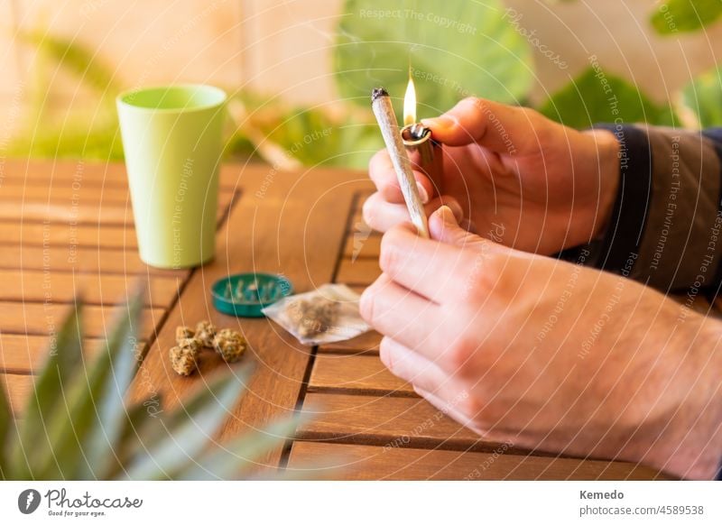 Mann zündet Cannabis-Joint auf einem Tisch mit Marihuana-Knospen und -Pflanzen an, Kopierraum links. Gelenk Unkraut Rauch Textfreiraum Person beleuchtet