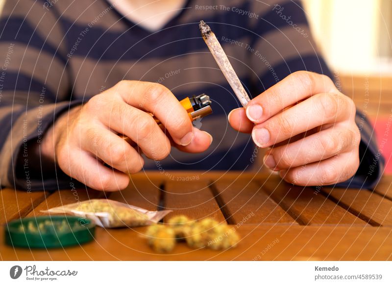 Frontansicht einer jungen Person, die einen Cannabis-Joint auf einem Tisch voller Gras raucht. Mann Rauch Marihuana Gelenk Unkraut Topf Erwachsener Licht