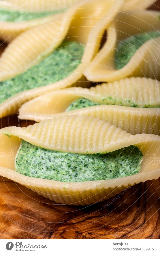 italienische Conchiglino Pasta gefüllt mit Spinat conchiglione Sahne Kochen Sauce Ricotta Vorspeise Portion niemand Küche gesund Gericht Essen Abendessen grün