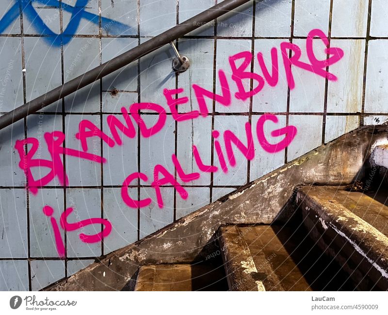 Brandenburg ruft - rosa Graffiti an einem Treppenaufgang Treppengeländer Treppenstufen Schrift streetart pink Bahnhof Treppenhaus abwärts aufwärts Wand Abstieg