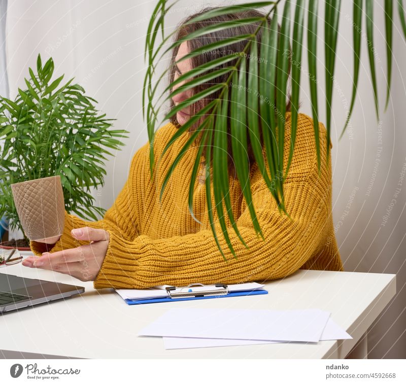 Eine 40-jährige Frau in einem orangefarbenen Pullover sitzt am Tisch und hält eine Tasse Kaffee in der Hand. Sie benutzt einen Laptop, Telearbeit, Freiberufler
