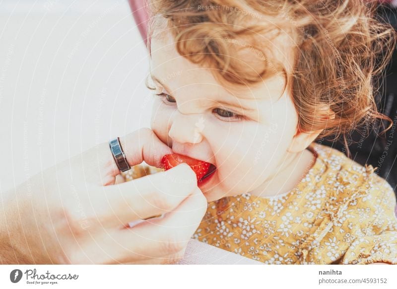 Kleines Mädchen isst eine Erdbeere blw Baby essen Futter Erdbeeren Frucht lernen Leben Gesicht bezaubernd lieblich Kindererziehung Kleinkind kleines Mädchen