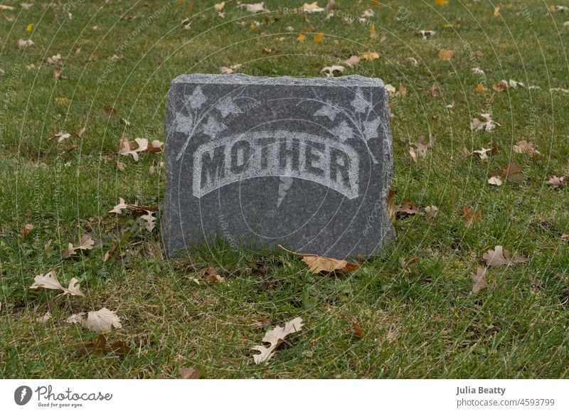 Vintage-Grabstein mit der schlichten Aufschrift "MUTTER" und Efeu-Schnitzereien drum herum; Herbstblätter auf dem Boden Mutter Mama Mutterschaft Frau Identität
