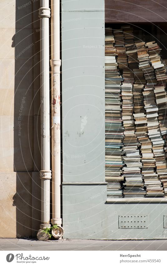 Hochstapelei Paris Frankreich Stadt Gebäude Mauer Wand Papier alt außergewöhnlich eckig lustig trist verrückt Schaufenster Buch Buchladen Stapel Bücherstapel