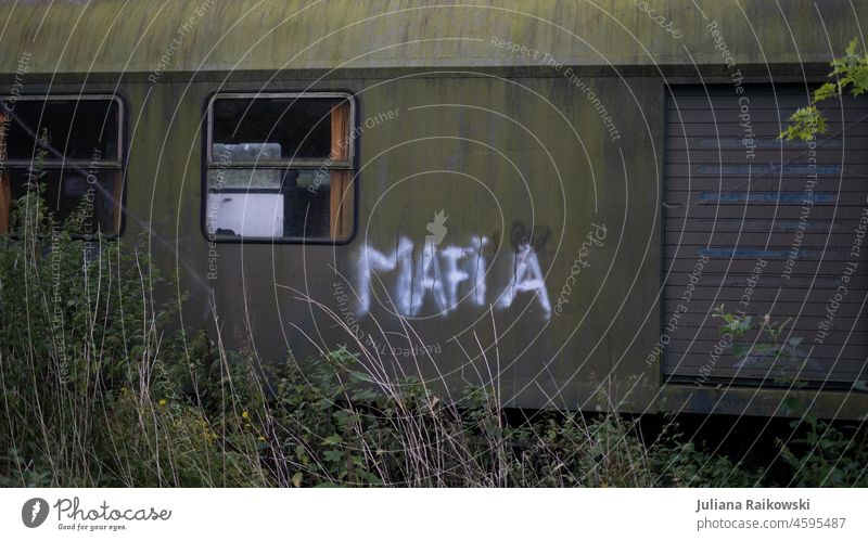 alter verlassener Wagon mit dem Wort Mafia aufgesprüht Graffiti Tagger beschmiert Schrift Schriftzeichen Buchstaben grün taggen Vandalismus sprühen Stadt