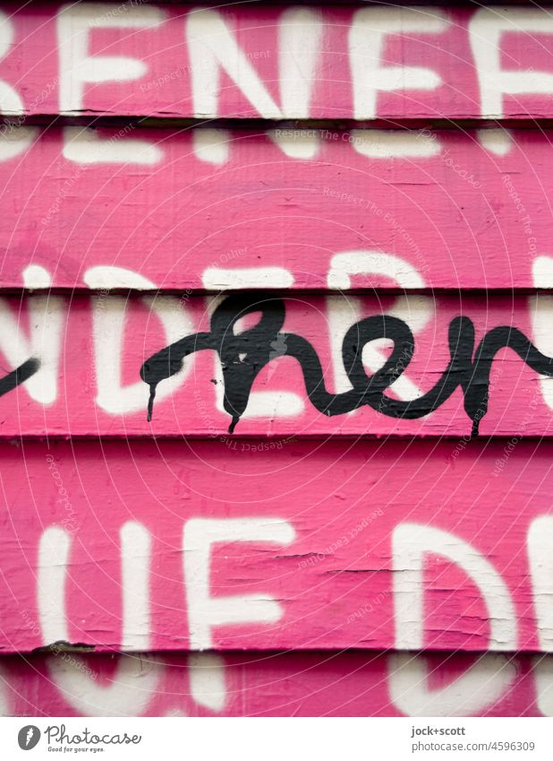 wo kommen all die Buchstaben her? Großbuchstabe Schreibschrift Schriftzeichen Typographie Druckbuchstaben rosa Wort Holzlatten gemalt Straßenkunst Kreativität