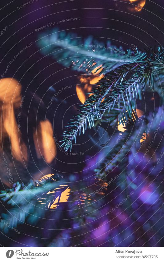 Weihnachtsbaumzweige mit bunten Lichtern Baum Niederlassungen Neonlichter grün blau leuchten Dekoration & Verzierung Nahaufnahme vertikal Weihnachtsdekoration