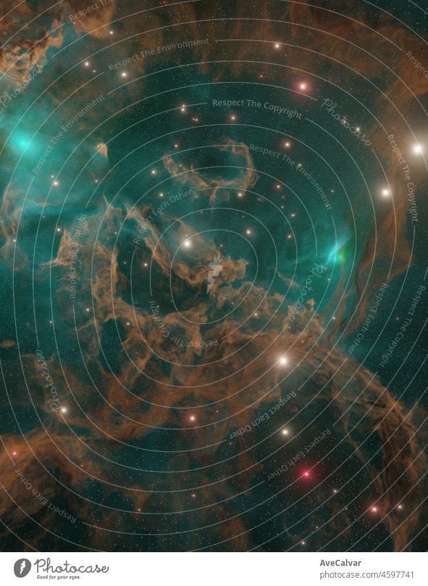 Vivid grün orange Nebel und kosmischen Staub in tiefen Raum und Galaxie 3d render. Star Partikel Bewegung auf schwarzem Hintergrund, Sternenlicht Nebel in der Galaxie im Universum Space background.Copy Raum leeren Raum.