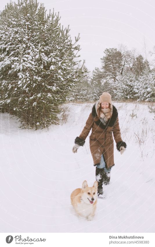 Glückliche Frau, die mit ihrem Corgi-Hund im verschneiten Winterwald spazieren geht offen Moment Lifestyle weiß Spaß Kaukasier aktiv Person Haustier laufen