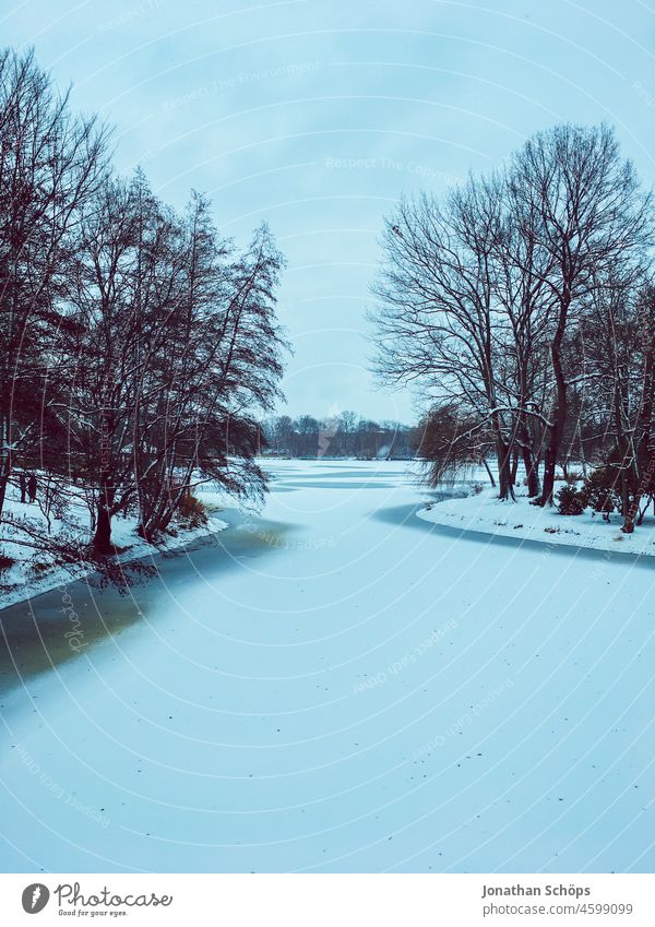 Schlossteich Chemnitz ruht still und starr Teich See Gewässer Winter Schnee eingefroren kalt Eis Ufer Landschaft Winterlandschaft winterlich Natur Frost weiß