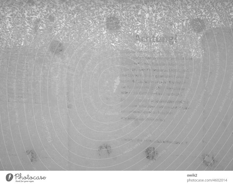 Kühlbox Infotafel Aushang Schwarzes Brett Glasscheibe vereist Eisblumen Pinnwand Schriftstück unleserlich Hinweis Information schemenhaft durchscheinend
