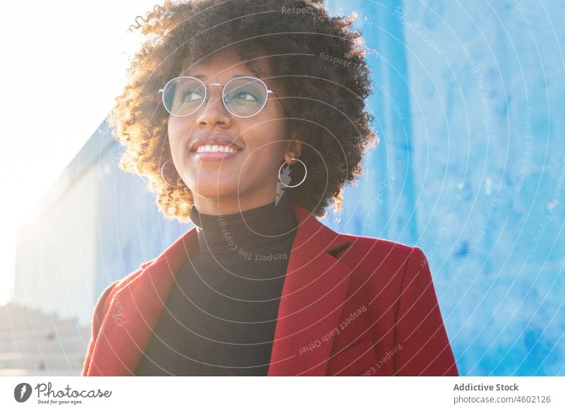 Afroamerikanische Frau mit Afrofrisur steht auf einem Steinzaun Afro-Look Zaun Frisur Lächeln Glück fettarm charmant krause Haare trendy sich[Akk] entspannen