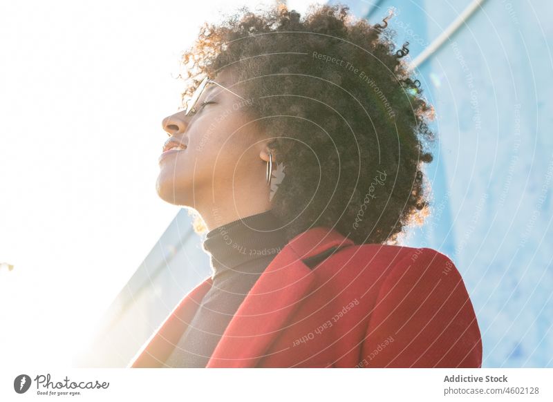 Afroamerikanische Frau mit Afrofrisur steht auf einem Steinzaun Afro-Look Zaun Frisur Lächeln Glück fettarm charmant krause Haare trendy sich[Akk] entspannen