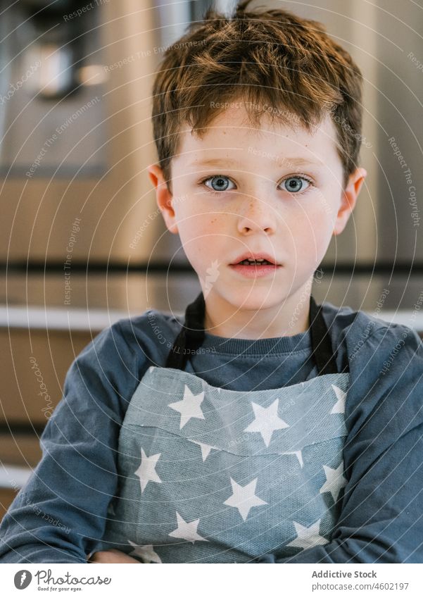 Kleiner Junge in Schürze in der Küche Koch heimwärts Kind heimisch vorbereiten Küchengeräte kulinarisch braune Haare blaue Augen zu Hause charmant niedlich