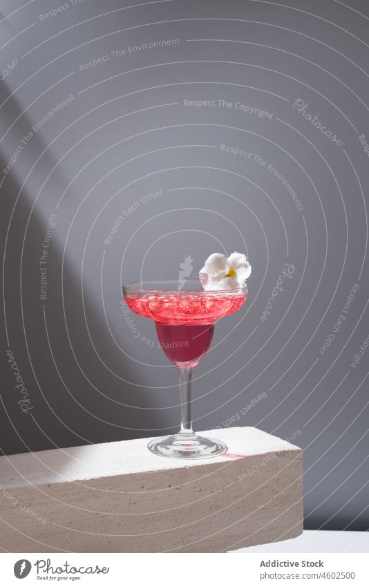 Glas Granatapfel-Margarita mit Blumenblüten Cocktail Blütezeit Portion Alkohol Scheibe Aperitif Zusammensetzung Klotz Glaswaren frisch durchsichtig Getränk