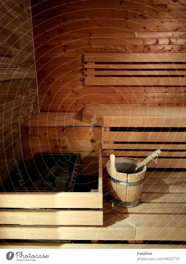 Nach einem Tag auf der Düne, einfach wieder aufwärmen in der Sauna. Hach tut das gut! Farbfoto Erholung Wellness Spa Gesundheit Innenaufnahme Holz Holzbank Ofen