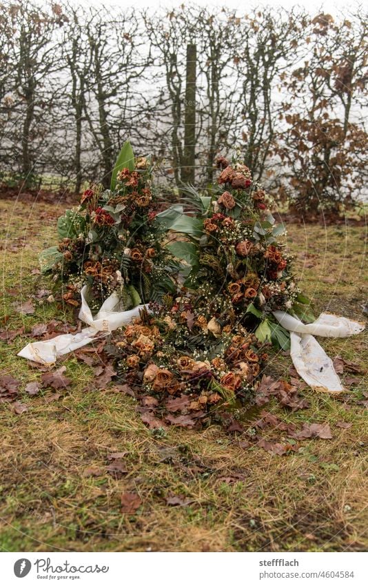Verblühter Totenkranz auf einem Friedhof im Hunsrück Grab Herbst Winter Tod tot Kranz Schleife Banderole Rosen verblüht vertrocknet vertrocknetes Blatt