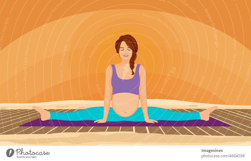 Yoga Pränatal. Upavistha Konasana-Pose während der Schwangerschaft. Junge schwangere Frau, die Übungen durchführt, praktiziert Yoga. Schwangere Frau, die Spagat macht. Yoga-Workout und Fitness- und Body-Positive-Konzept