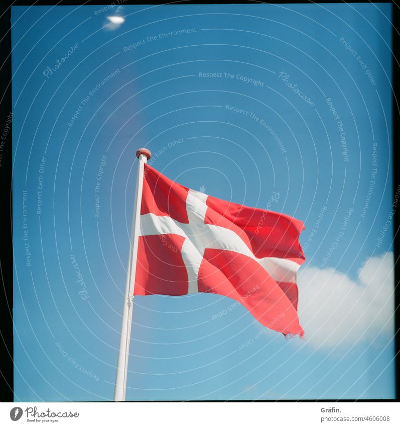 Dänisches Sommerwetter Dänemark Flagge blauer Himmel schönes Wetter analog Analogfotografie Mittelformat Dannebrog Schönes Wetter Außenaufnahme Farbfoto Tag
