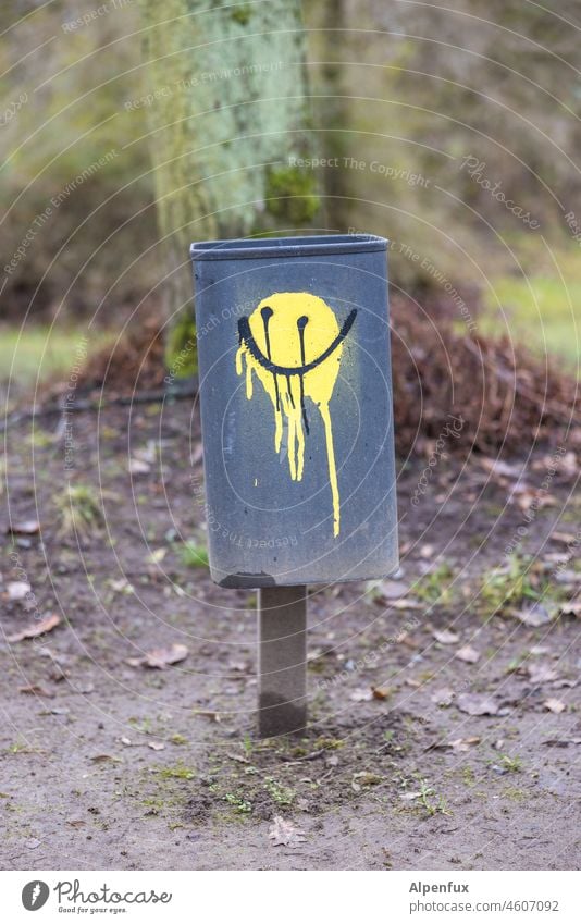 freundliche Tonne Mülltonne Graffiti Smiley Außenaufnahme Farbfoto Lächeln lachen Menschenleer Optimismus positiv Freundlichkeit Freude Mülltrennung