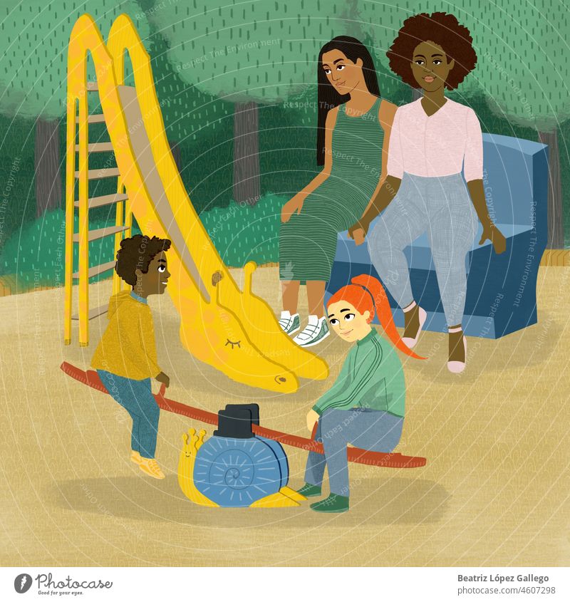 Illustration von LGBT-Frauen und Kindern, Familienspaß im Park. Hintergrund Junge Karikatur Charakter niedlich vielfältige Familie Vielfalt Familie glücklich