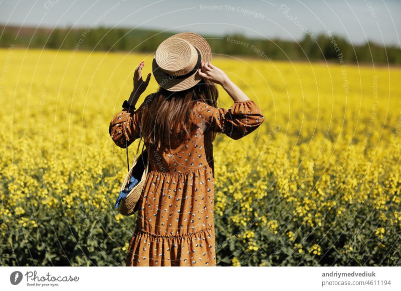 Rückansicht. schöne junge Frau in einem Kleid, die einen Hut hält und in einem Rapsfeld für den Sommer spazieren geht, Blick von hinten. Feld gelb Natur
