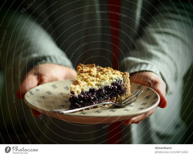 Ein Stück Heidelbeerkuchen wird auf einem Teller mit Kuchengabel von Frauenhände angeboten Blaubeeren Dessert Backwaren Foodfotografie Lebensmittel backen blau