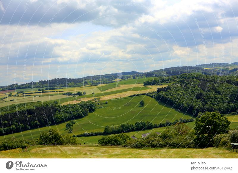 Am Arsch der Welt I aber schön hier Natur Landschaft grün Gras Feld Landwirtschaft ländlich Umwelt Himmel hügelig Hügel Panorama (Aussicht) landwirtschaftlich