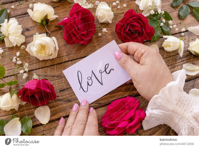 Hände mit Karte LOVE in der Nähe von roten und cremefarbenen Blumen Nahaufnahme auf einem Holztisch Postkarte handschriftlich immer Liebe romantisch Rosen