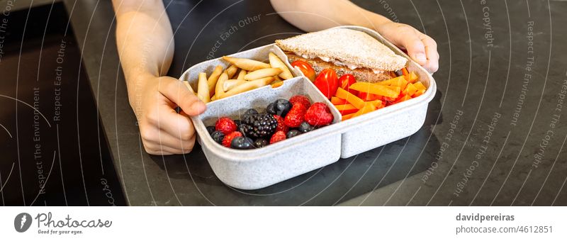 Unbekanntes Mädchen, das eine mit gesunden Lebensmitteln gefüllte Lunchbox entgegennimmt unkenntlich unter Lunch-Box Gesundheit Vegetarier gesunder Snack