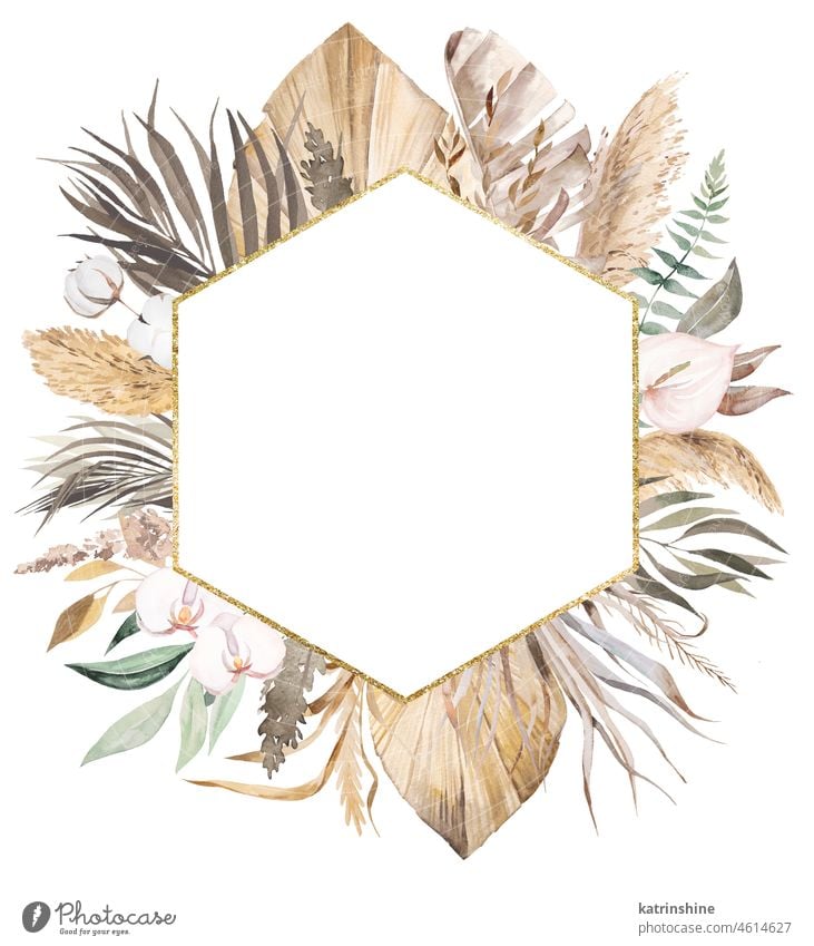 Aquarell böhmischen goldenen Rahmen mit getrockneten Blättern und tropischen Blumen Illustration botanisch Dekoration & Verzierung exotisch Laubwerk