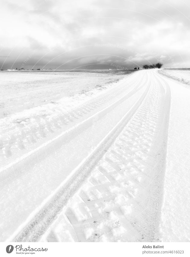 Schneebedeckte Landschaft und Straße mit Reifenspuren schwarzweiß Landstraße Außenaufnahme Winter Menschenleer Winterstimmung kalt Schneelandschaft Schneedecke