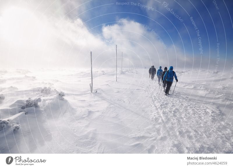 Maskierte Reisende wandern während eines Schneesturms in den Bergen, Nationalpark Karkonosze, Polen. Reisender Winter extrem Wetter Menschen Berge u. Gebirge