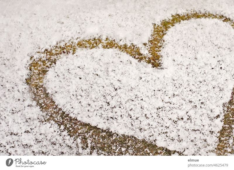 auf einem leicht verschneiten Baumstamm ist ein Herz gemalt / Liebe / Winter Liebeserklärung Schnee Herzchen Fest der Liebe Jahreszeiten Holz heiße Liebe