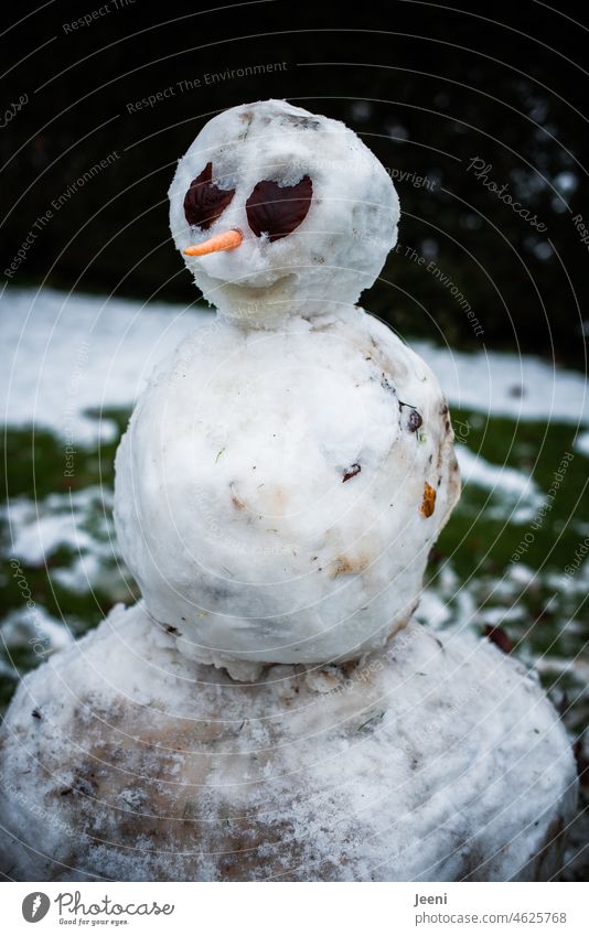 Reinheitsgebot | Aus dem wenigen Schnee zusammengebauter großer Schneemann Winter kalt weiß Frost Möhre Freude Spielen Kindheit Lächeln Blatt selbstgemacht