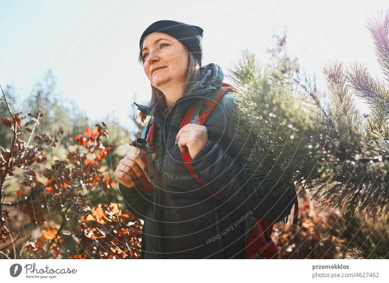Frau genießt Wanderung an sonnigem Urlaubstag. Frau mit Rucksack zu Fuß durch den Wald Ausflug wandern Abenteuer reisen Sommer Reise laufen Fernweh Wanderer