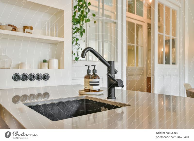 Spüle mit Wasserhahn in einer modernen Küche Innenbereich Abfertigungsschalter Waschbecken Design Regal Stil Waschen Tür Appartement Anwesen Zeitgenosse glühen