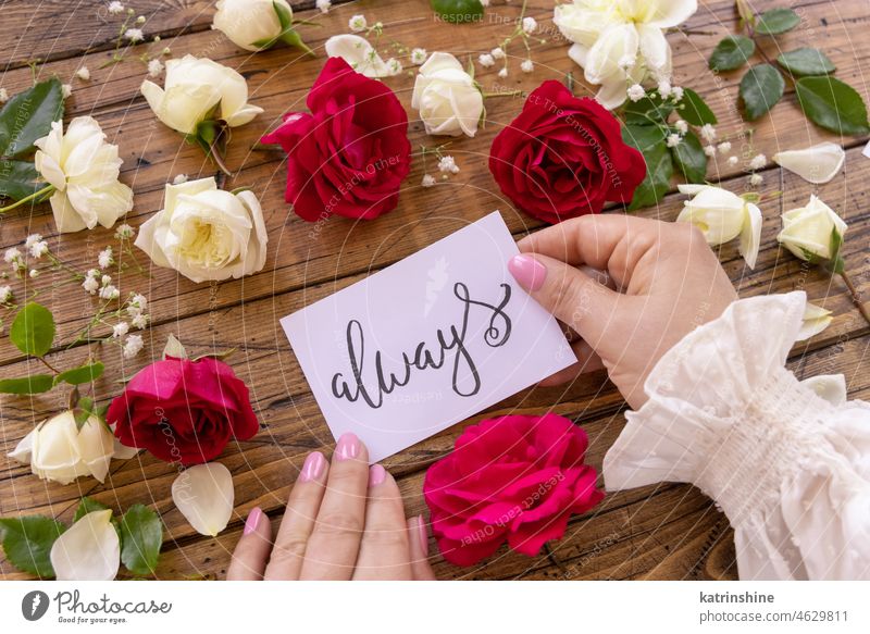 Hände mit Karte IMMER in der Nähe von roten und cremefarbenen Blumen, Nahaufnahme auf einem Holztisch Postkarte handschriftlich immer Liebe romantisch Rosen